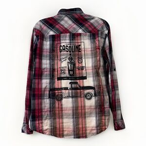Surplus Route 66 Graphic Print Long Sleeve Button Up Shirt Plaid Mens XXL Red